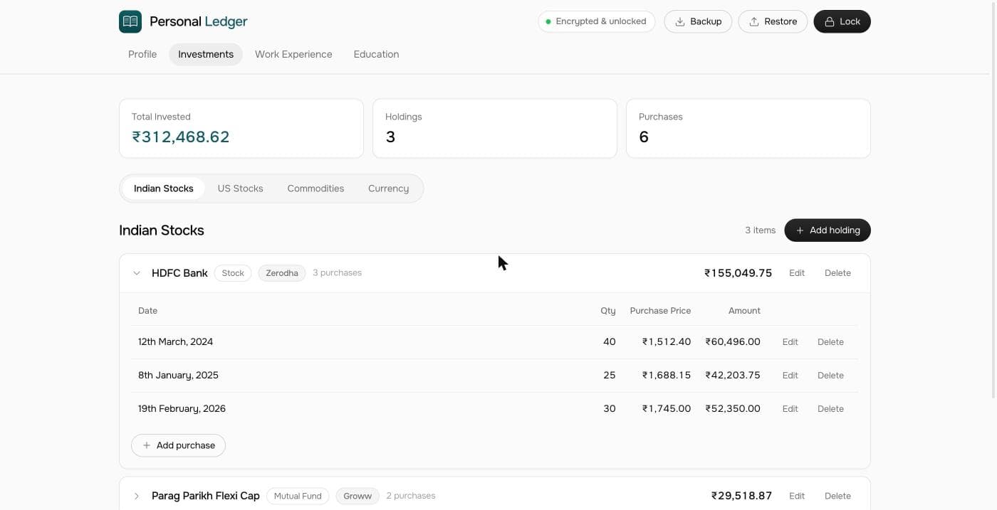 The Investments tab of Personal Ledger, showing holdings and their dated purchases
