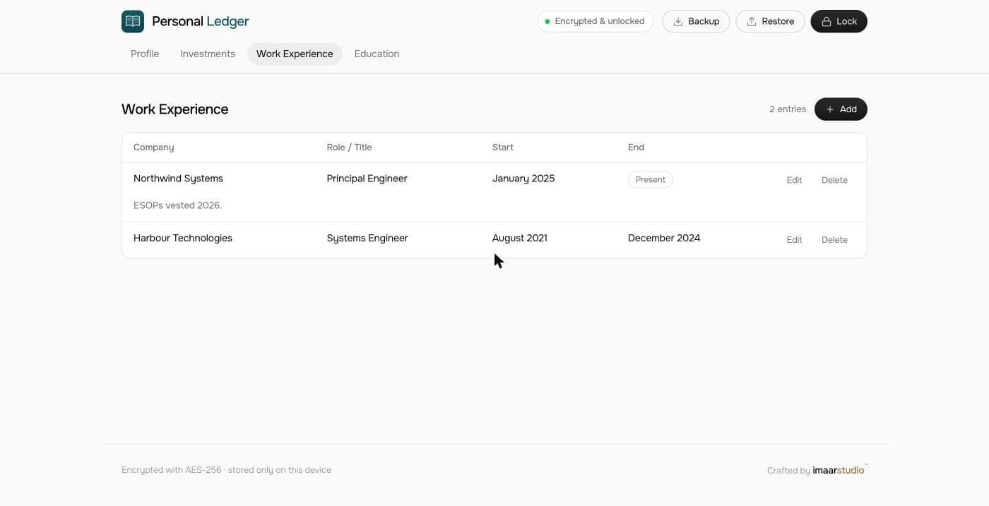The Work Experience tab, listing employers with their start and end dates
